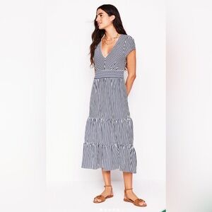BODEN Elara tiered jersey midi dress size 12 regular in French navy ivory stripe